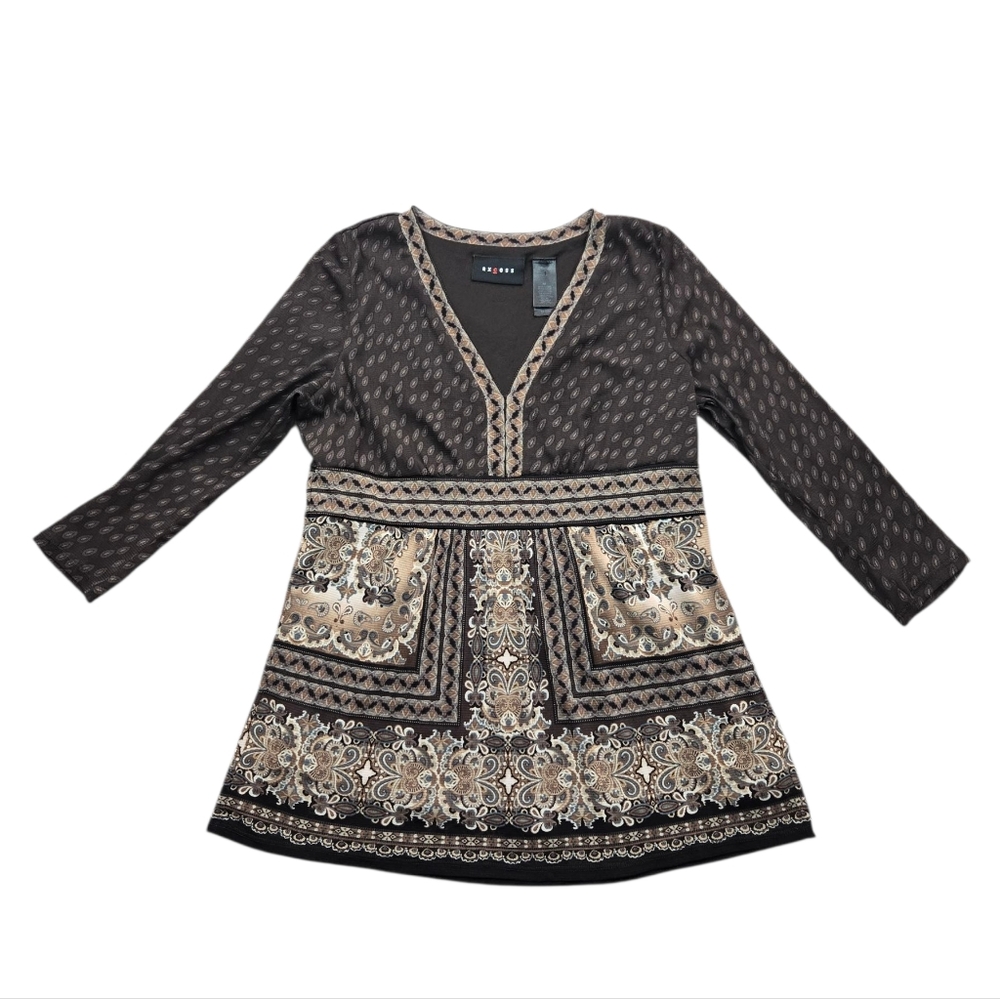 Vintage Y2K Axcess Babydoll Sheer Sleeve Top Boho Paisley Brown Neutral M